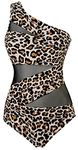 Runtlly Women's One Piece Swimsuits One Shoulder Plus Size Swimwear Bathing Suit with See Through Mesh Style, Brown Leopard Print, Medium