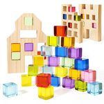 Woodtoe Wooden Building Blocks Set for Kids, 36 PCS Rainbow Acrylic Gem Cubes Blocks - 3 Wood House, Montessori Stacking Toy for Toddlers, Educational STEM Birthday for Boys Girls 3-6