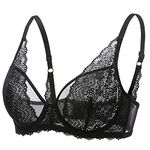 DOBREVA Women's Lace Full Coverage Bra Unlined Underwired Support Minimiser Plus Size V Neck Bralette Black 34E