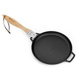 Mimiuo Cast Iron Sizzler Pan 11.7-Inch Non-Stick Skillet, Round Griddle Plate with Removable Wood Handle for Pizza Oven, Stovetop or Any Cooking Surface