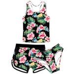 ACOCOPY 12-13 Years Teen Girl Hawaiian Tropical Swimsuits Three Piece Bathing Suit with Shorts Racerback Tankini Swimwear Sets