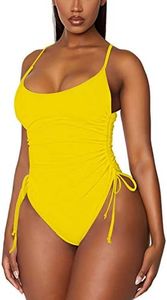 AOHITE Women's Tummy Control One Piece Swimsuits Drawstring Ruched High Cut Bathing Suit Cami Swimwear Solid & Printed, Yellow, Medium