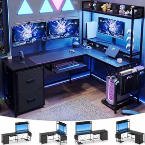 UPOSOJA L Shaped Gaming Desk with Keyboard Tray, Reversible Computer Desk with Power Outlet, Corner Home Office Desks, Mobile File Cabinet Storage Shelves Monitor Stand Drawers (Black, 67in)