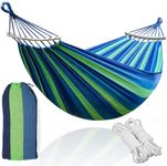 Baskety Cotton Fabric Canvas Travel Hammocks Light Camping Hammock Portable Beach Swing Bed with Hardwood Spreader Bar Tree Hanging Outdoor Indoor (280 x 100 cm(Wooden Strip), Blue)