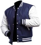 LP-FACON Unisex Women/Mens College Baseball Varsity High School Letterman Bomber Wool + Faux Leather Jacket, Navy Blue, Small