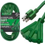 Kasonic 50 Ft Extension Cord with 3 Outlets, UL Listed 16/3 SJTW 3-Wire Grounded, 13A 125V 1625W for Indoor/Outdoor Use - Green