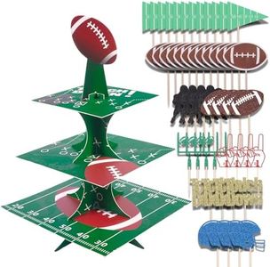 RANERVZ Football Party Cupcake Stand Decoration 3-Tier Super Bowl Party Cupcake Holder with 48Pcs Cupcake Toppers Sports Theme Birthday Party Dessert Stand Tower for Football Sports Party Decoration