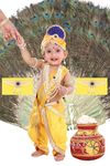 Raj Fancy Dresses Krishna Dress for Kids, Baby Krishna Dress for Janmashtami with Krishna Mukut, Peacock Feather & Flute Embroidered Krishna Costume for Girl & Boy, 3 Months-8 Years, Pagri-Mala