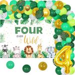 Jungle Theme 4th Birthday Decorations, Four Ever Wild Birthday Decorations, Sage Green Jungle Balloon Arch Kit, Four Ever Wild Backdrop, Jungle Animal Foil Number 4 Balloons Artificial Palm Leaves