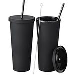 ALINK 2-Pack Plastic Tumbler with Lid and Straw, 22OZ Reusable Cup with Straws Lids, Double Wall Water Bottle, Iced Coffee Travel Mug Cup with Straw Brush - Black