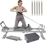 LINTRY Pilates Reformer Home Gym Equipment, Foldable Pilates Reformer, with Metal Springs - Pilates Reformer Set for Both Home and Gym Use (Off-white (Suit))