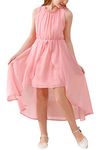 GORLYA Girls Sleeveless Ruffle Neck Hi-Lo Hem Overlay Formal Occasin Chiffon Long Party Dress 4-14T(GOR1154,14Y,Pink)