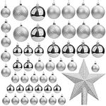 Belle Vous 50 Pack Christmas Baubles - Assorted Size Glittery Silver Baubles with Star Tree Top - Xmas Tree Ball Hanging Ornaments for Christmas Decorations Holiday Party Indoor/Outdoor Decorations