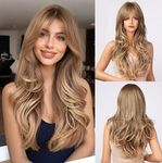 Esmee 24 Inches Long Ombre Light Ash Brown to Blonde Wig with Bangs for Women Synthetic Hair Wigs with Dark Roots Natural Wave Heat Resistant Hair Wigs for Daily Party Cosplay Use