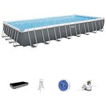 Bestway Power Steel 31' 4" x 16' x 52" Rectangular Metal Frame Above Ground Swimming Pool Set with 2,200 GPH Filter Pump, Ladder and Pool Cover, Grey