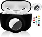 2 in 1 Protective Case for Apple AirPods Pro Air Tag Holder Combo, Soft Silicone Airpods Pro AirTag Case with 2 PCS Screen Protector, Anti-Scratch Anti-Fall Anti-Lost Shockproof Durable(Black)