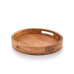 Samhita Round Serving Acacia Wooden Tray with Handles for Serving Beverages Tea Plate Dessert Dinner Breakfast Plate (30.48cm x 30.48cm x 4.06cm)