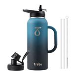 Trebo 40oz Water Bottle Insulated with Handle, Stainless Steel Metal Large Jug,Travel Flask with Straw Spout Lid,Mug Tumbler Cup with Carry Pouch,Keep Cold Hot, Indigo Black