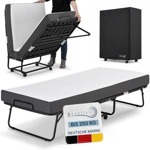 Beautissu Klappbett Gästebett Klappbar 90x200cm - 13cm Dicke Matratze, Memory Schaum, Faltbett für Erwachsene bis 250 kg, Rollbett 4 feststellbaren Rollen, Platzsparend mit Schutzhülle - Traumkraft L