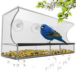 Bird Feeder, Window Bird House Crystal Clear Acrylic with Removable Tray, Drain Holes and 3 Heavy Duty Suction Cups, Weatherproof Design, Squirrel Resistant, Drains Rain Water