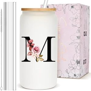 Personalized Gifts for Women, Monogrammed Frosted Glass Tumbler with Straw and Lid, Cute Customized Mug, Custom Initial Iced Coffee Glasses, Customizable Drinking Cup, Birthday Teacher Woman, M