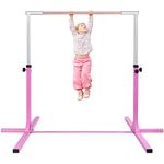 Maxmass Kids Gymnastics Bar, Height-Adjustable Horizontal Bar with Dual Locking Mechanism and Beech Wood Rod, Children Junior Training Bar for Home Gym (Pink)