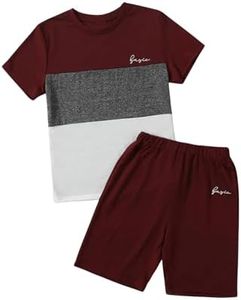 Floerns Boy's Colorblock Short Sleeve T Shirt with Track Shorts Two Piece Outfits Maroon 10Y