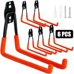 WMK Garage Hooks 6 Pack Wall Storage Hooks Heavy Duty Steel Tool Hangers for Utility Organizer, Wall Mount Holders for Garden Lawn Tools, Ladders, Bike (Orange)