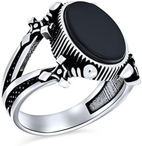 Unisex Vintage Style Urban Biker Jewelry Large Statement Oval Flat Semi Precious Gemstone Black Onyx Signet Double Sword Ring For Men Oxidized .925 Sterling Silver Handmade In Turkey