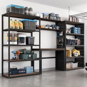 FLEXIMOUNTS Garage Storage System with Workbench, Particle Board Shelving & Pegboard, 142" Modular Garage Organization, Heavy-Duty Steel Storage Rack and Tool Organizer, Black, FLEXIMOD Series