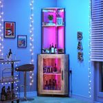 YITAHOME Corner Wine Cabinet with Power Outlets & LED Lights, Corner Bar Cabinet with Glass Holder, Liquor Bar Rack Cabinet for Living Room, Dining Room, Kitchen, Gray Oak