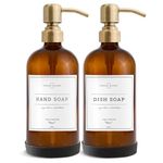 Vine Creations Glass Soap Dispenser, 2 Pack Kitchen Soap Dispenser Set with Stainless Steel Pump, 16 oz Dish Soap and Hand Soap Dispensers for Bathroom with Waterproof Labels and Protective Pads