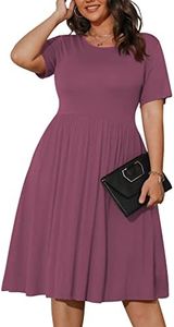 POSESHE Women Plus Size Short Sleeve Spring Summer Dresses Casual Flowy Hem Dresses Solid Color with Pockets,Purple Red,2XL