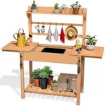 DWVO Outdoor Potting Bench Table with Sink & Sliding Top, Wooden Garden Workbench with Storage Shelves, Hooks & Solid Wood Frame for Patio, Porch, Balcony Use