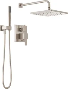 Delta Faucet Modern Raincan 2-Setting Shower Square System Including Rain Shower Head and Handheld Spray Brushed Nickel, Rainfall Shower System Brushed Nickel, Spotshield Stainless 342701-SP