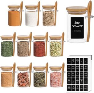 ComSaf12 Pcs Glass Spice Jars with Lids and Spoons, 240ml Glass Containers with Bamboo Lids, Glass Storage Containers with Airtight Lids with 275 Labels for Seasonings, Salt, Loose Leaf Tea Storage