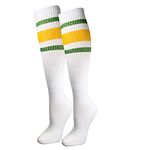 Premium Striped Adult Knee High Tall Athletic Skater Tube Socks, White With Green and Yellow Stripes, Small