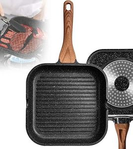 Mofish Non stick Grill Pan for Stove Tops, Versatile Griddle Pan with Pour Spouts, Taste plus Nonstick Square Frying Pan with Wooden Handle Durable Grill Skillet for Indoor & Outdoor Grilling