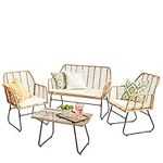 Neo Garden Patio Furniture Wicker Rattan Chair Table Sofa Outdoor Indoor Balcony Conservatory Cushion Set (Natural)