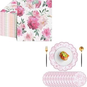 100 Pcs Pink Floral Napkins and 60 Pcs Pink Floral Paper Placemats
