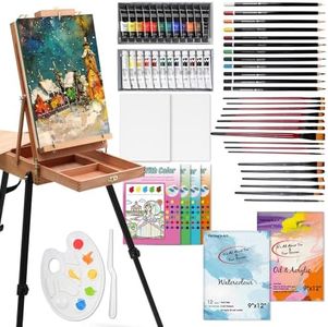 Falling in Art All-in-One Artist Painting Set with French Easel, 63-Piece Art Supplies Starter Kit for Professional Artists with Watercolor and Acrylic Paint Set, Canvas, Paintbrushes for Beginners
