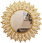 Furnish Craft Alloy Steel Beautiful Leaf Round Wall Mirror (29X29 Inch, Gold)(Framed)