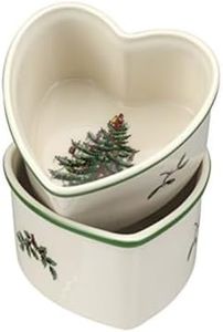 Spode Christmas Tree 3.5" Heart Ramekins (Set of 2) - Oven Safe Porcelain Ramekin Dishes for Soufflé, Crème Brûlée, Custard - Microwave & Dishwasher Safe, Festive Dipping Cups, Holiday Baking Set