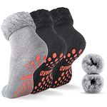 NOVAYARD Non Slip Grip Socks Warm Fuzzy Socks Winter Thermal hospital Slipper Socks for Women Men 3 Pairs 2Black+1Grey L