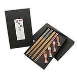 EXZACT Chopsticks Gift Set 4 Pairs Reusable Natural Bamboo with 4 pcs Wooden Chopstick Rests – in a Beautiful Black Handmade Box – Decorated Japanese Style