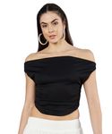 Istyle Can Womens's Solid Black Stretchable Draped Crop Top (Large, Black)