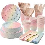 210 Pcs Pastel Party Supplies, Gold Dot Disposable Dinnerware Set - Rainbow Dessert Paper Plates Napkins Cups & Wood Forks Knives Spoons for Wedding Girl Birthday Party, Serves for 30