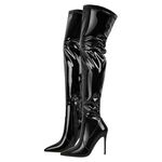 MissHeel Women’s Thigh High Boots Heeled Patent Leather Pull On Knee High Boots Pointed Toe Zipper up Black Boots Size 6