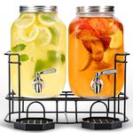 Dual Gallon Glass Beverage Dispensers with Metal Stand, Stainless Steel Spigot, Metal Lid and Drip Trays- Gallon Glass Yorkshire Mason Container for Kombucha Fermenting, Iced Tea and more
