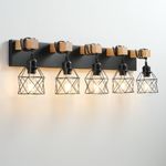 Farmhouse Vanity Light Fixture,5-Light Bathroom Lighting,Black Industrial Wood Wall Light Over Mirror with Metal Shade,LED Bulbs Included